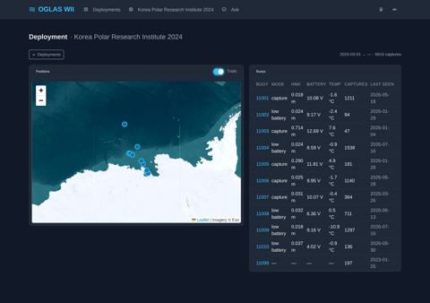 A deployment at a glance — every buoy on the map, mode, battery, captures and last-seen