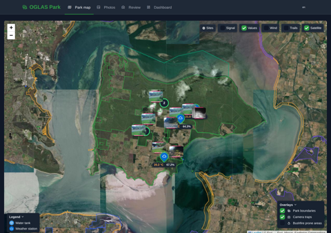 The shared park map — satellite, cameras, water, weather and fire overlays