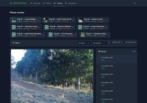 Tag the species, sign it off — filters for motion and unreviewed